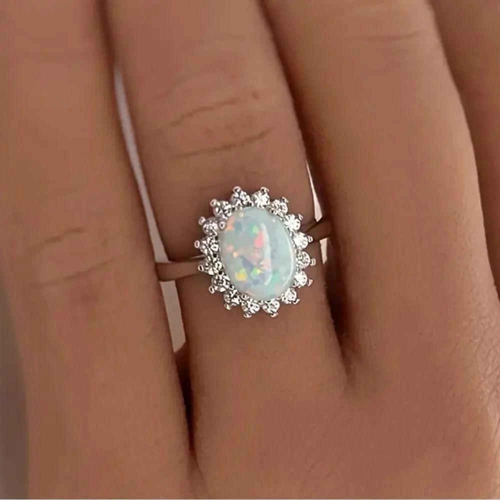 Opal Cubic Zirconia Silver Tone Ring Size 8